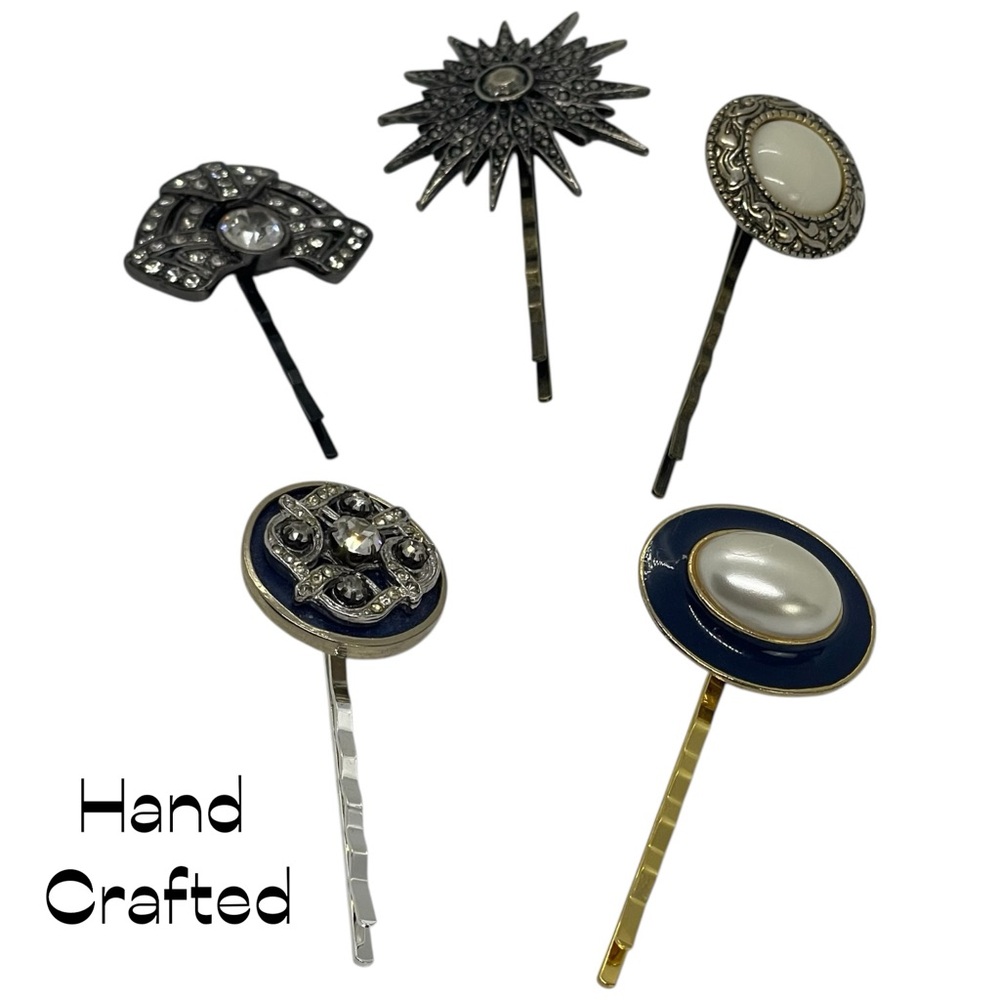 Vintage Buttons Repurposed Gold Silver Rhinestone 5 Piece Set Of Hair Clips